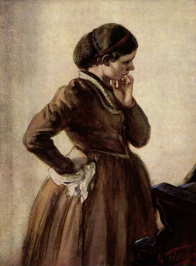 Emilie Menzel Standing at the Piano by Adolph Menzel